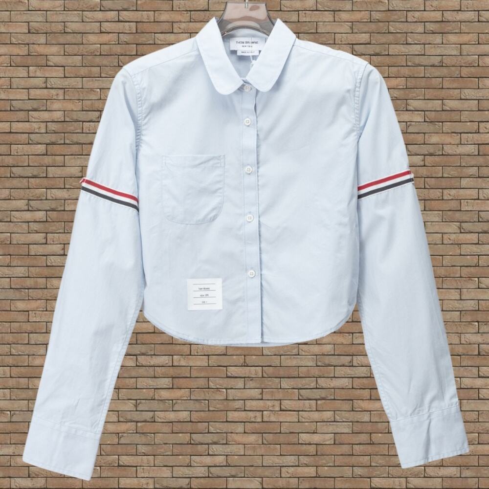 Thom Browne Sky Blue Crop Top with Striped Sleeves